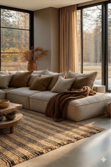 Alfombra Amaya Natural de cáñamo en living con sofá beige