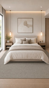 Alfombra Basai Silver de polipropileno gris claro en dormitorio bajo la cama