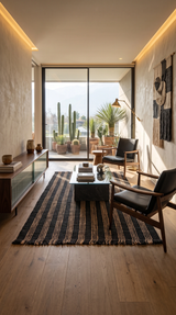 Alfombra Amaya Black de cáñamo en living con sillones de cuero y vista al jardín