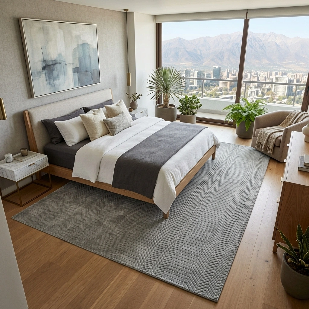 Alfombra Andes Grey de lana en dormitorio con ventanal