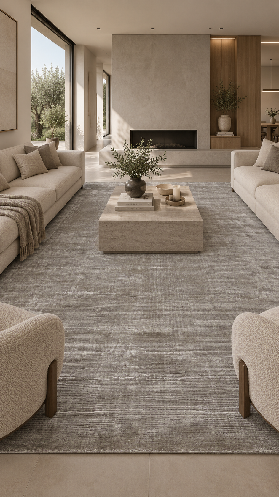 Alfombra Basanti Ivory Silver de Tencel en living con chimenea y sofás blancos