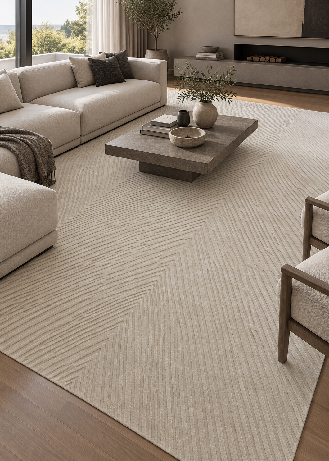 Alfombra Sahara Cream de lana en living con sofás claros y mesa de centro de madera
