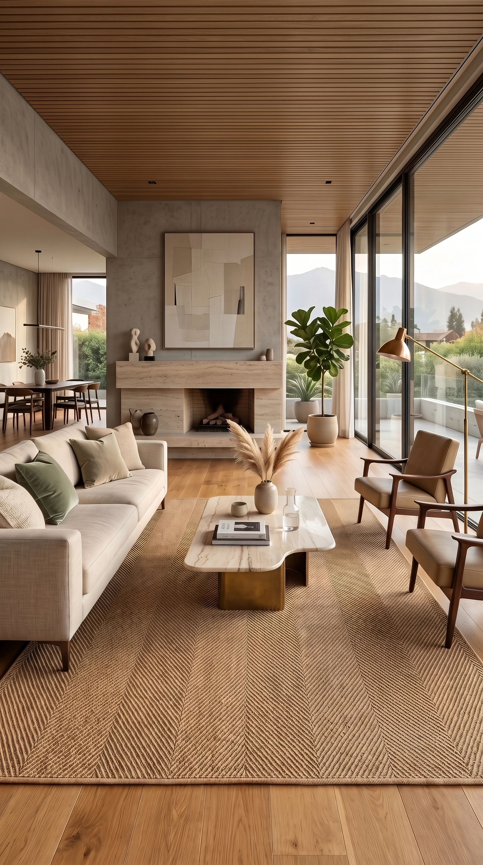 Alfombra Dag Taupe de polipropileno en living con chimenea y sillones de madera