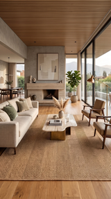 Alfombra Dag Taupe de polipropileno en living con chimenea y sillones de madera