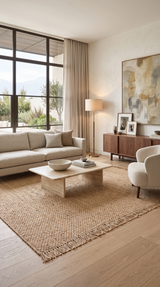 Alfombra Dala Natural de cáñamo en living con sofá blanco y mesa de centro de travertino