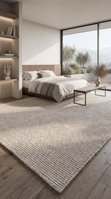 Alfombra Dalai White de lana en dormitorio con ventanal