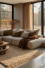 Alfombra Dala Natural de cáñamo en living con sofá beige y ventanales