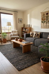 Alfombra Black Hemp de cáñamo en living con sofá gris y mesa de centro de madera