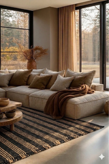 Alfombra Amaya Black de cáñamo en living con sofá beige