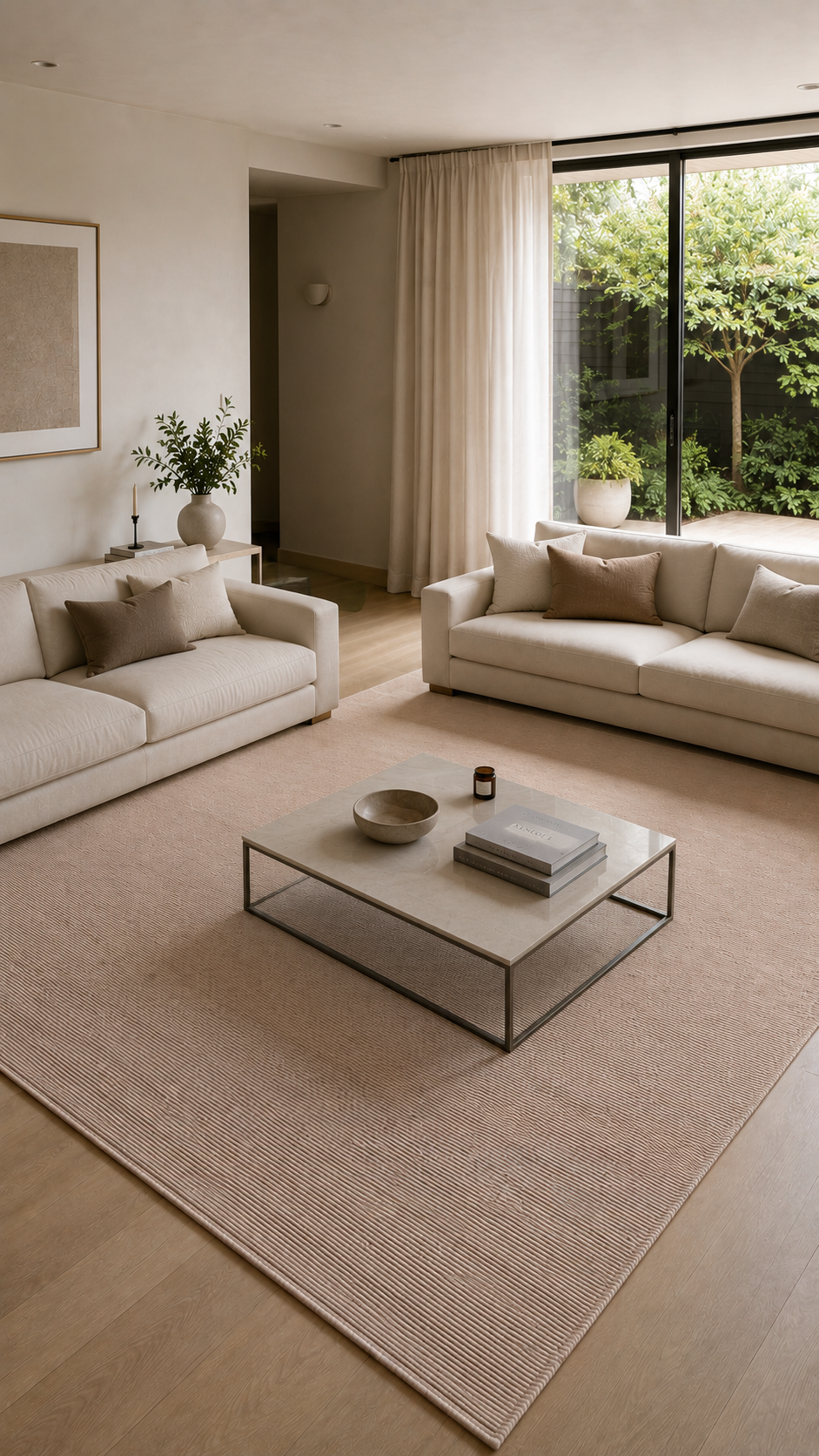 Alfombra Basai Taupe de polipropileno en living luminoso con mesa de centro de vidrio