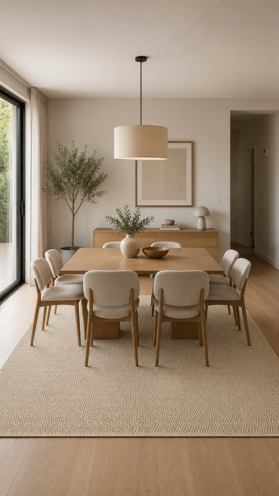 Alfombra Ziggi Sand de polipropileno bajo mesa de comedor de madera
