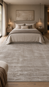 Alfombra Basanti Latte de Tencel bajo la cama en dormitorio