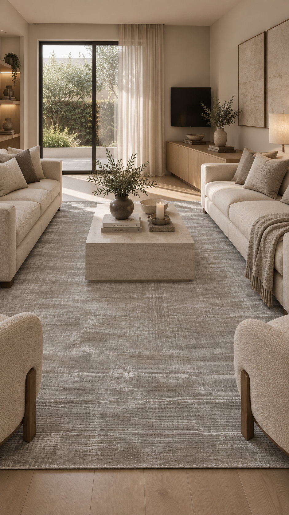Alfombra Basanti Ivory Silver de Tencel en living con sofás blancos y mesa de centro de travertino