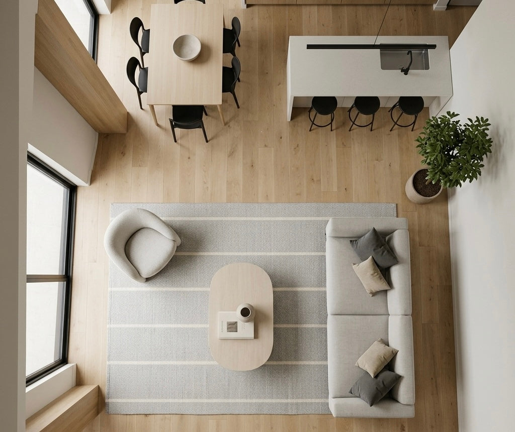 Vista cenital de la alfombra Petra Silver Sand de polipropileno en living con sofá blanco