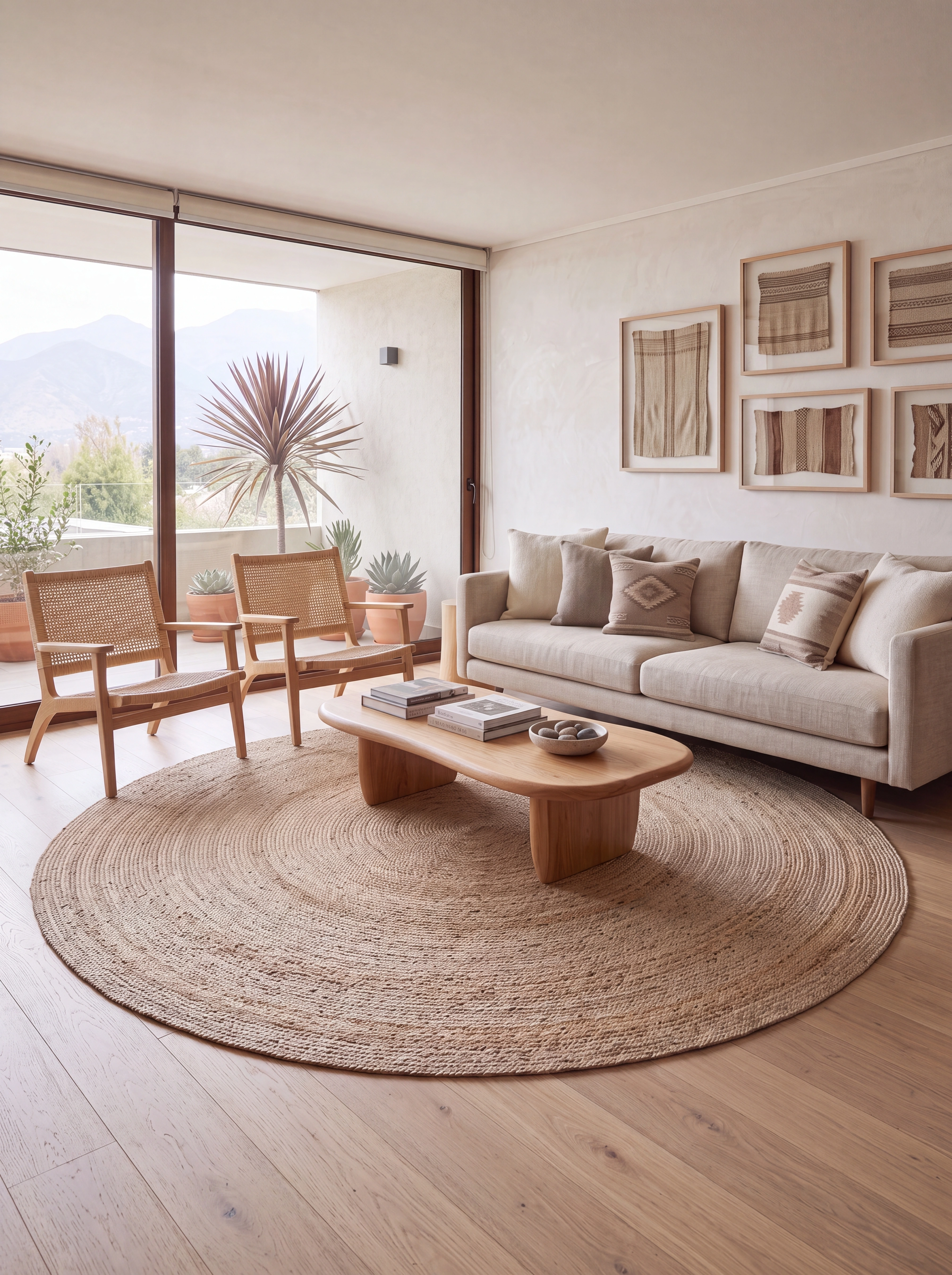 Alfombra redonda Plain Rug Natural de cáñamo en living con sofá blanco y mesa de centro de madera