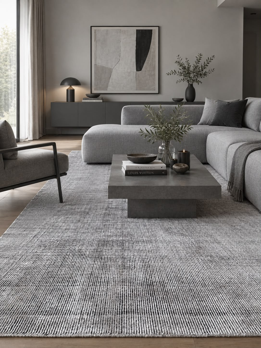 Alfombra Basanti Silver Black de Tencel en living con sofá gris y mesa de centro oscura