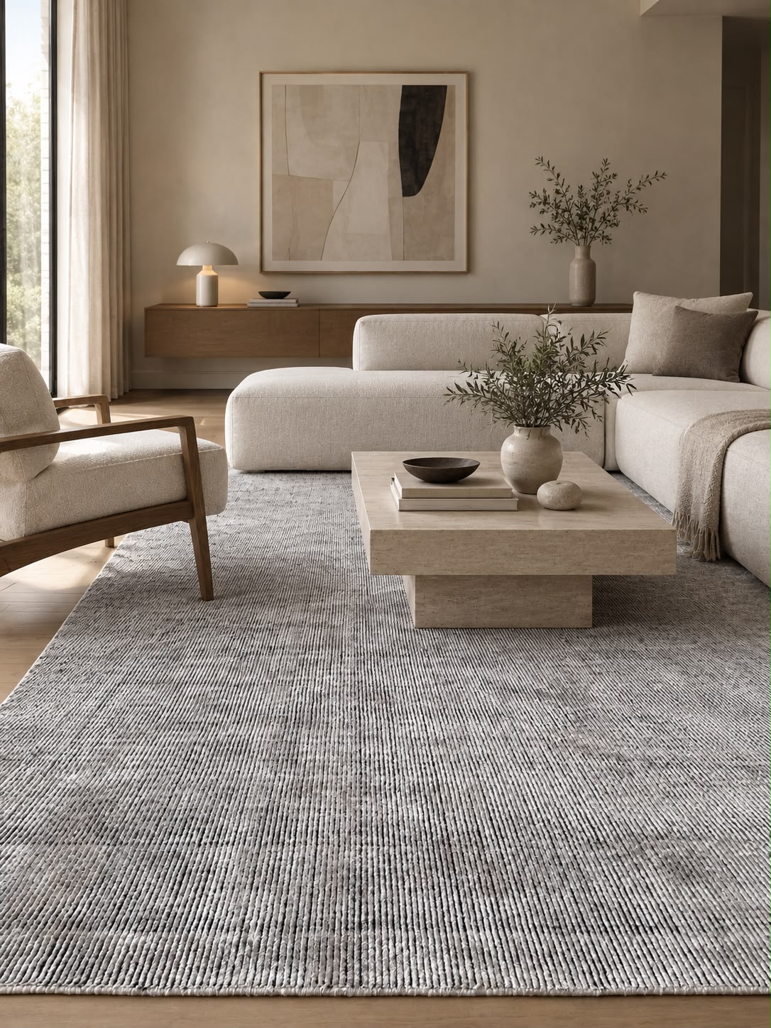 Alfombra Basanti Silver Black de Tencel en living con sofá gris y mesa de centro de travertino