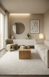 Alfombra Nest White de lana en living con sofá blanco y mesa de centro de madera