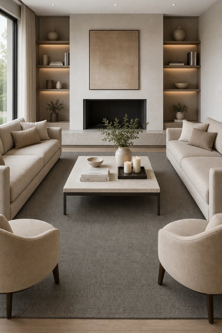 Alfombra Basai Black Earth de polipropileno gris oscuro en living con chimenea